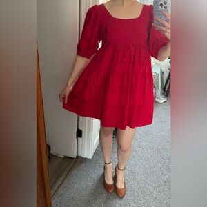 Bali Elf Cotton Scarlet Red Baby Doll Tiered Puff Sleeve Dress